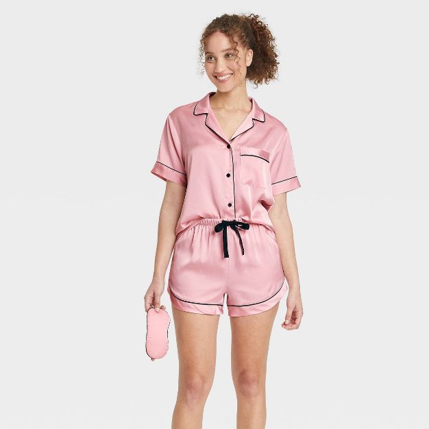 Women's Satin Short Sleeve Notch Collar Top & Shorts Pajama Set - Stars Above™ | Target