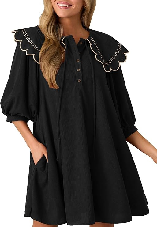 D-Sun Women's Corduroy Mini Dress Long Sleeve Round Neck Front Tie and Button Babydoll Mini Dress | Amazon (US)