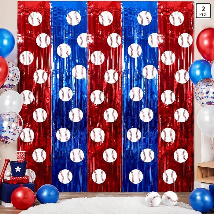 2 Pcs Baseball Foil Fringe Curtains Backdrop, Baseball Birthday Decorations | Amazon (US)