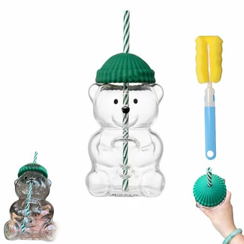Teddy Bear Cup, Glass Straw Cup, 2025 Cute Bear-Shaped 20oz Tumbler, Reusable Glass Drinkware with Green Knit Lid, Gift for Coffee & Ice Cream Lovers, Fun Drinkware for Everyday Use (1PC) | Amazon (US)