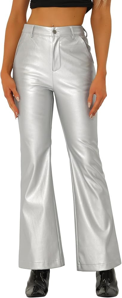 Allegra K Faux Leather Casual Pant for Women's High Waist Bell Bottom Flared Long PU Trouser | Amazon (US)