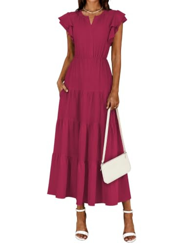 YUNDAI women's tiered ruffle midi dress with flutter sleeves and pockets