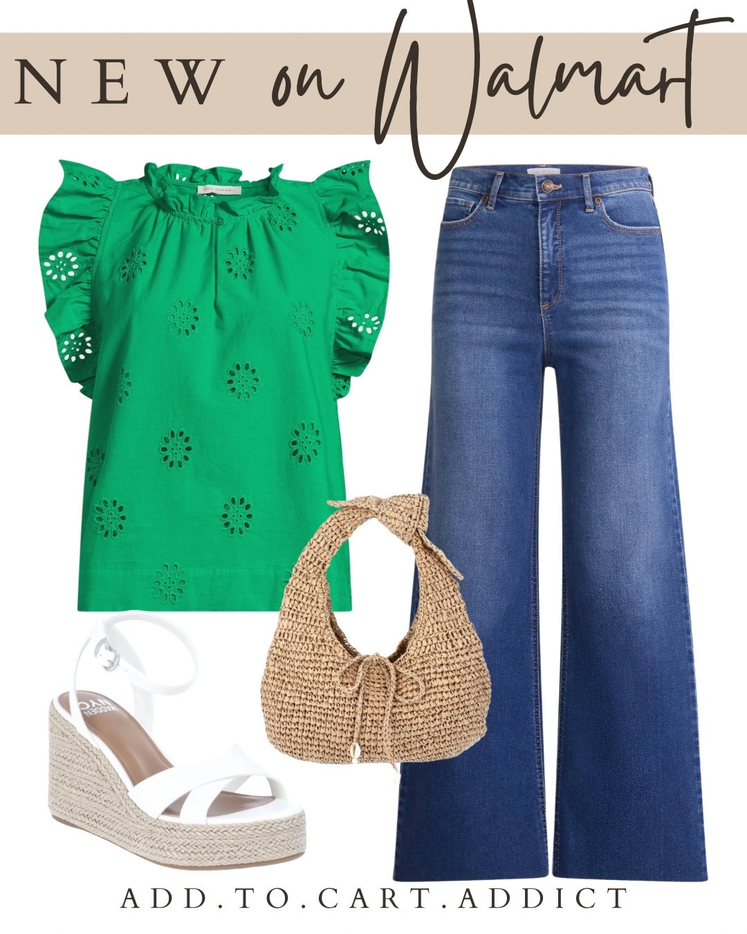 New Walmart outfit idea for spring and summer! This beautiful eyelet top is the prettiest color of green and would look so cute with these white leg dark washed jeans and wedges!