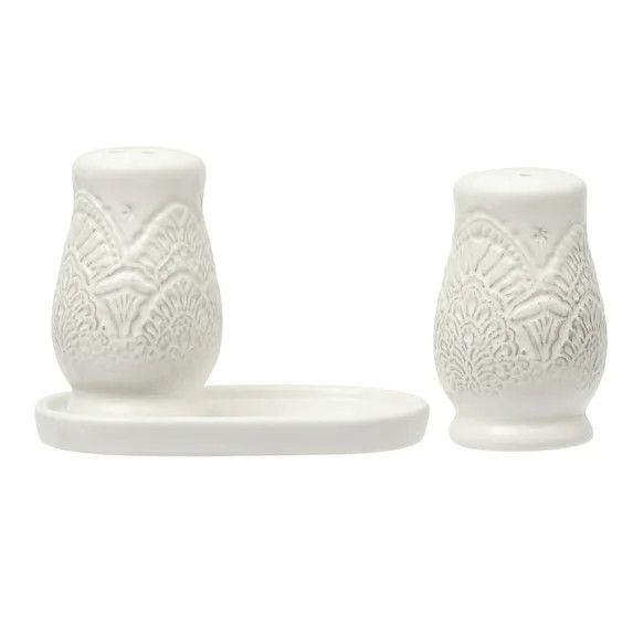 The Pioneer Woman Vintage Lace Stoneware Salt & Pepper Shaker Set, Linen | Walmart (US)