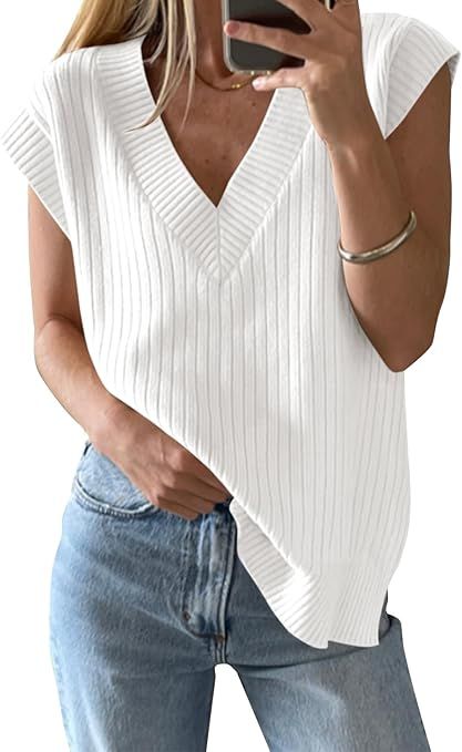 Saodimallsu Womens V Neck Sweater Vest Oversized Ribbed Knit Sleeveless Casual Loose Fit Pullover... | Amazon (US)