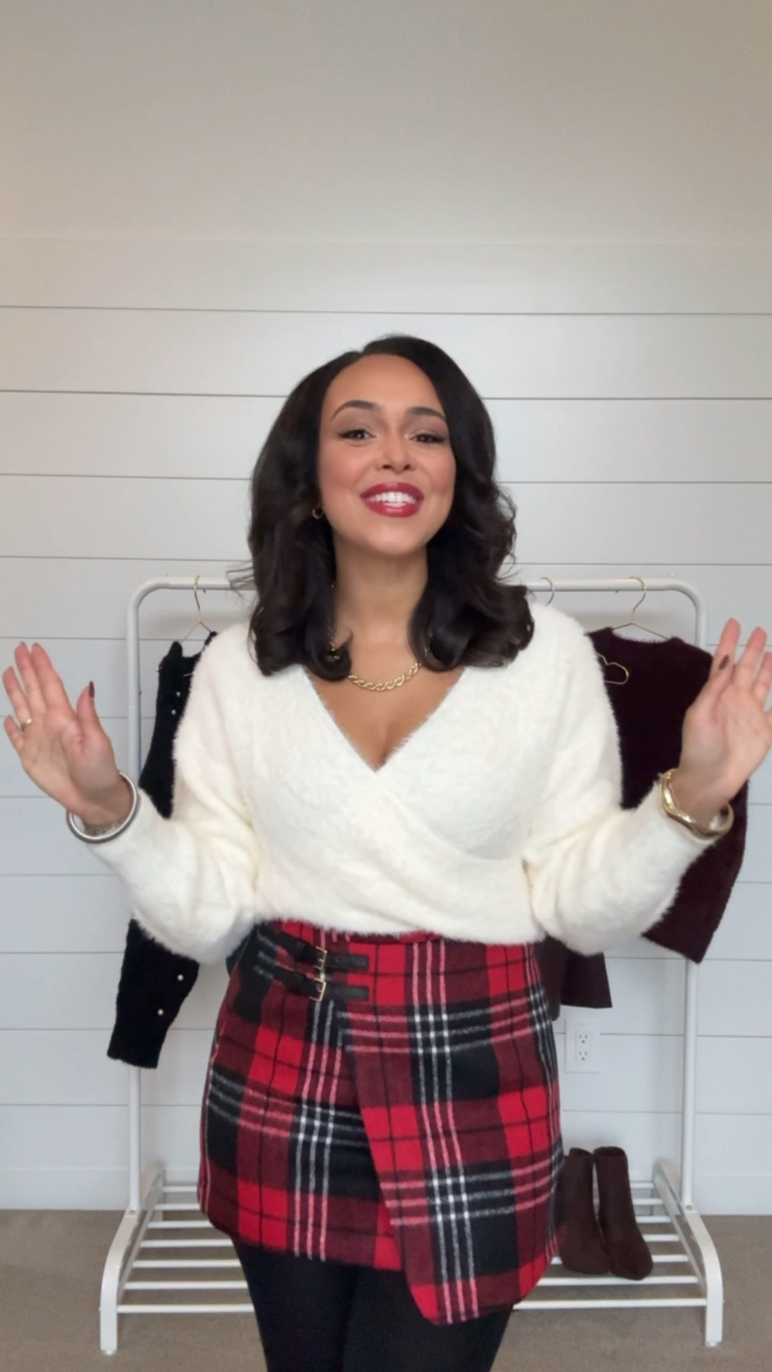 New  Arrivals with VICI! Sharing a few of my favorites from their holiday collection! 🎄❤️💚 Discount code: SARAHJUDE35 for 35% off + all my sizing below: 

✨ White Surplice Sweater: wearing a size small and fits true to size! 

✨Red Plaid Skirt: wearing a size small (runs small and short) so I recommend sizing up 1! 

✨Black sling back heels: wearing a size 7 and fits true to size! 

#LTKSeasonal #LTKHoliday #LTKParties