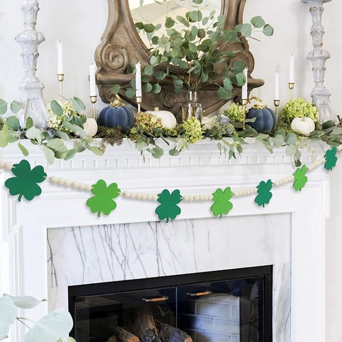 DAZONGE St. Patrick's Day Decorations, Felt Shamrocks Wood Bead Garland for St. Patrick's Day Dec... | Amazon (US)