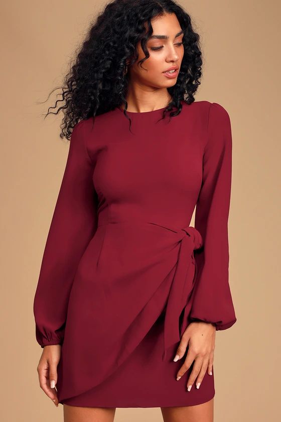 Believe It or Knot Wine Red Long Sleeve Tie-Front Skater Dress | Lulus (US)