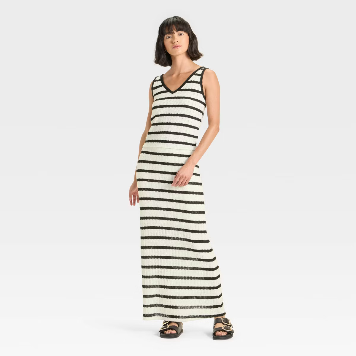 Women's Knit Openwork Maxi Sweater Skirt - Universal Thread™ Black/White Striped L | Target