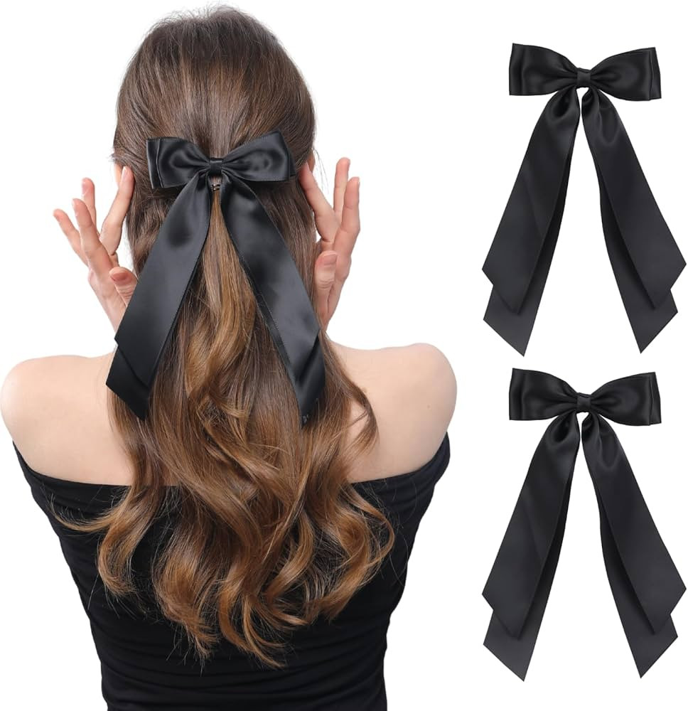 LuSeren 2 PCS Double Layer Hair Bows Black Hair Ribbon Clips Ponytail Holder Accessories for Wome... | Amazon (US)