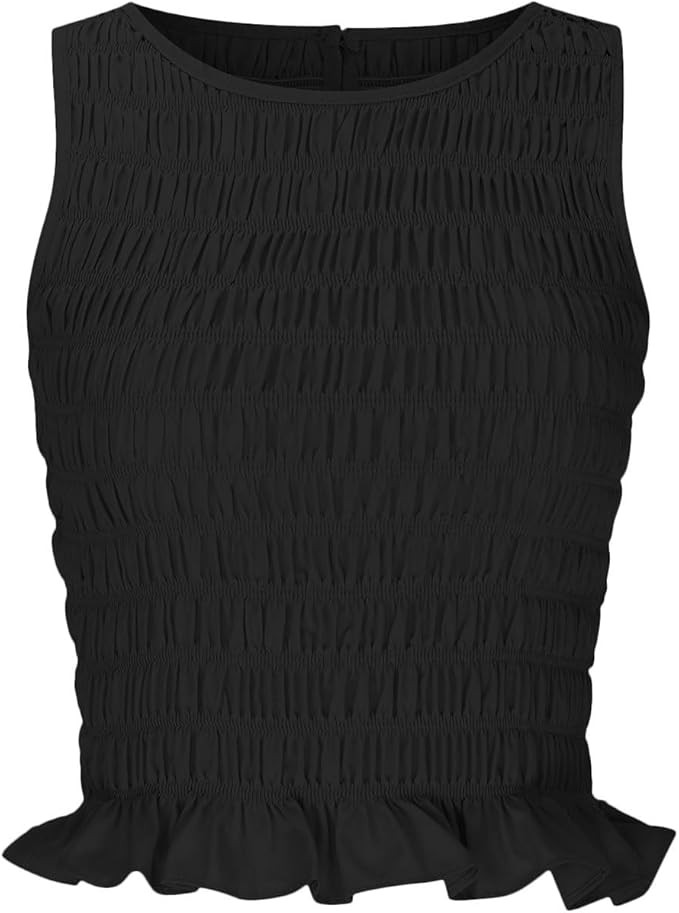 OneWhoYoung Women's Pleated high Elastic Sexy Ruffled Edge Slim Fitting top Y2K Crop Tops Sleevel... | Amazon (US)
