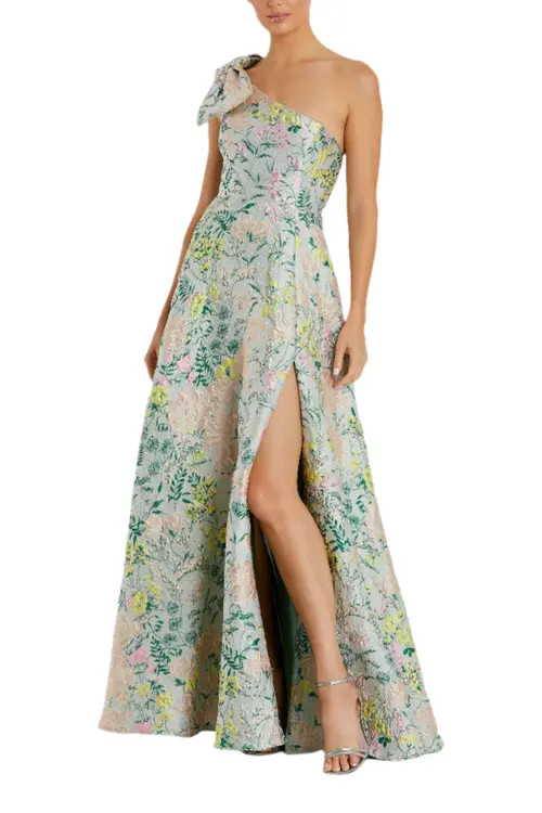 Mac Duggal One Shoulder Brocade Gown With Bow Detail in Pastel Multi at Nordstrom, Size 16 | Nordstrom