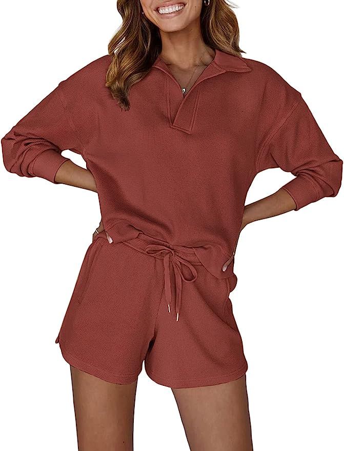 MEROKEETY Women's 2 Piece Waffle Knit Lounge Sets Long Sleeve Shorts Jogger Outfits Pjs Brickred ... | Amazon (US)