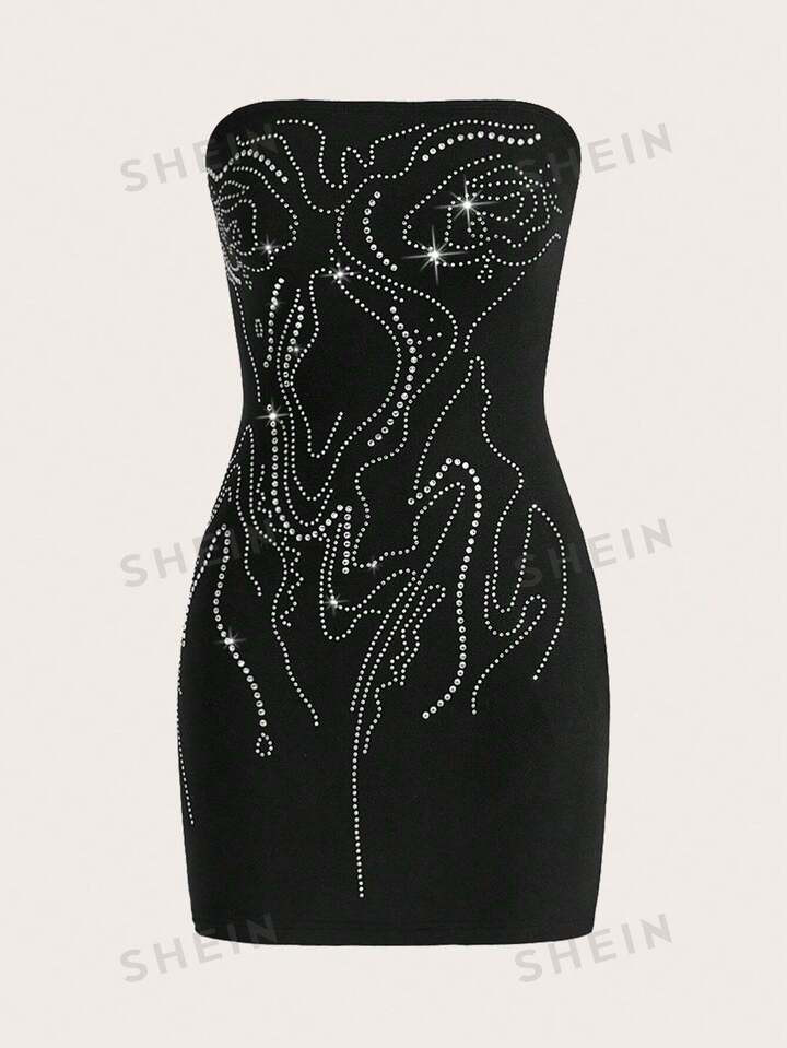 SHEIN ICON Y2k Women Bodycon Plus Size Dress With Fluid Human Body Pattern, Rhinestone Accents An... | SHEIN