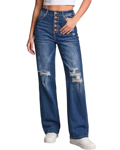 LookbookStore Rip Jeans Women Trendy Baggy 80 Styles Clothing Wide Leg Flare Jeans for Women Dark Blue Size Large Fits Size 12 14 | Amazon (US)
