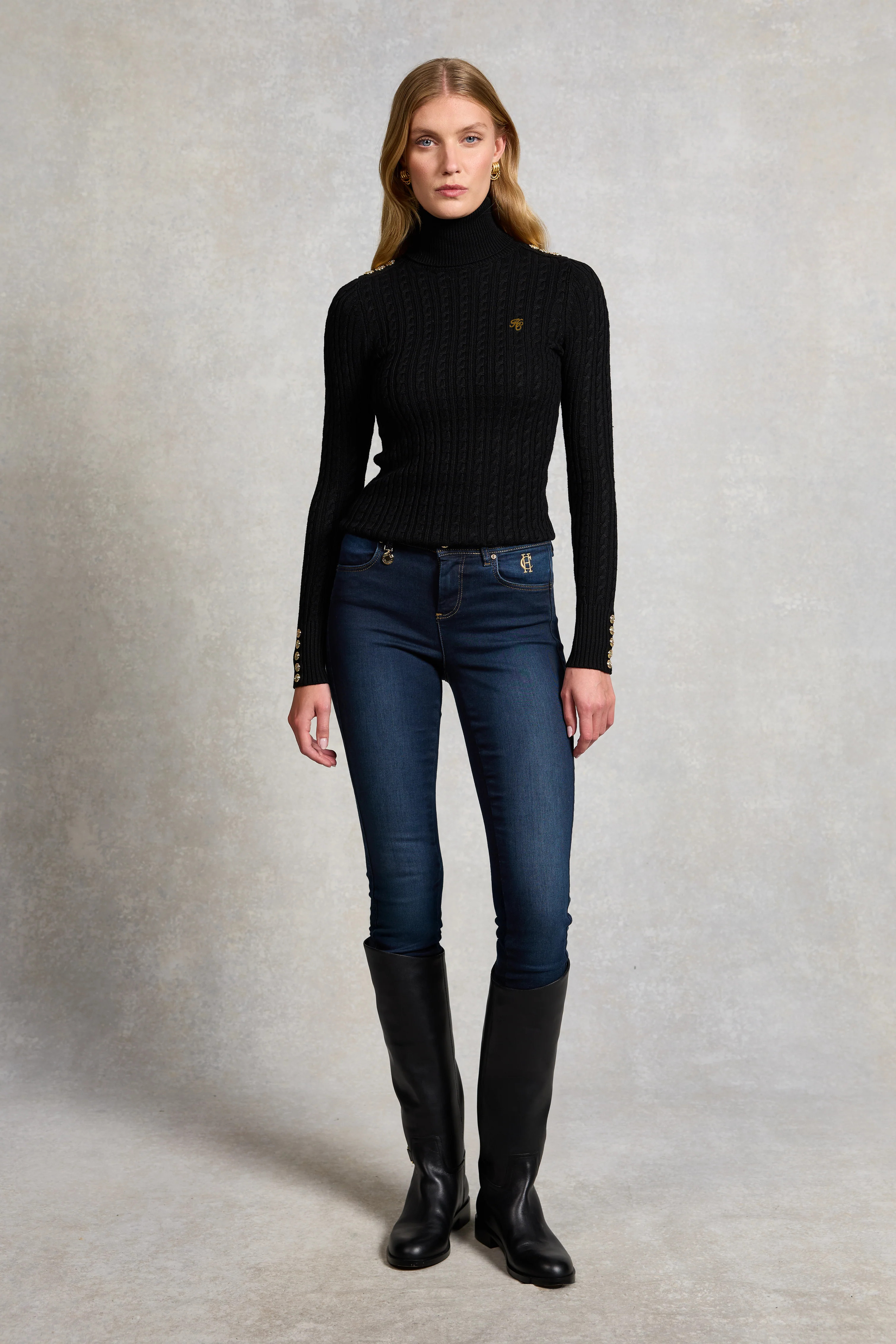 Seattle Roll Neck Cable Knit (Black) | Holland Cooper