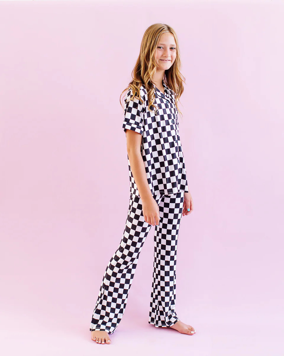 Black and White Checks Girls Flare Lounge Set | Little Pajama Co.
