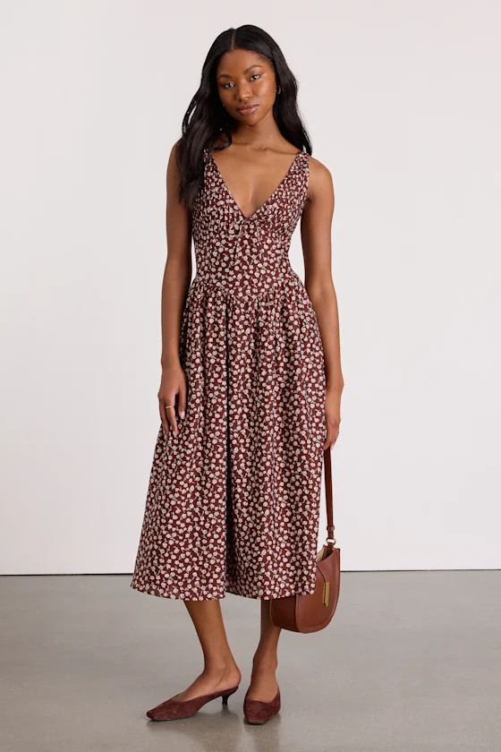 Janella Brown Floral Basque Waist Midi Dress | Lulus