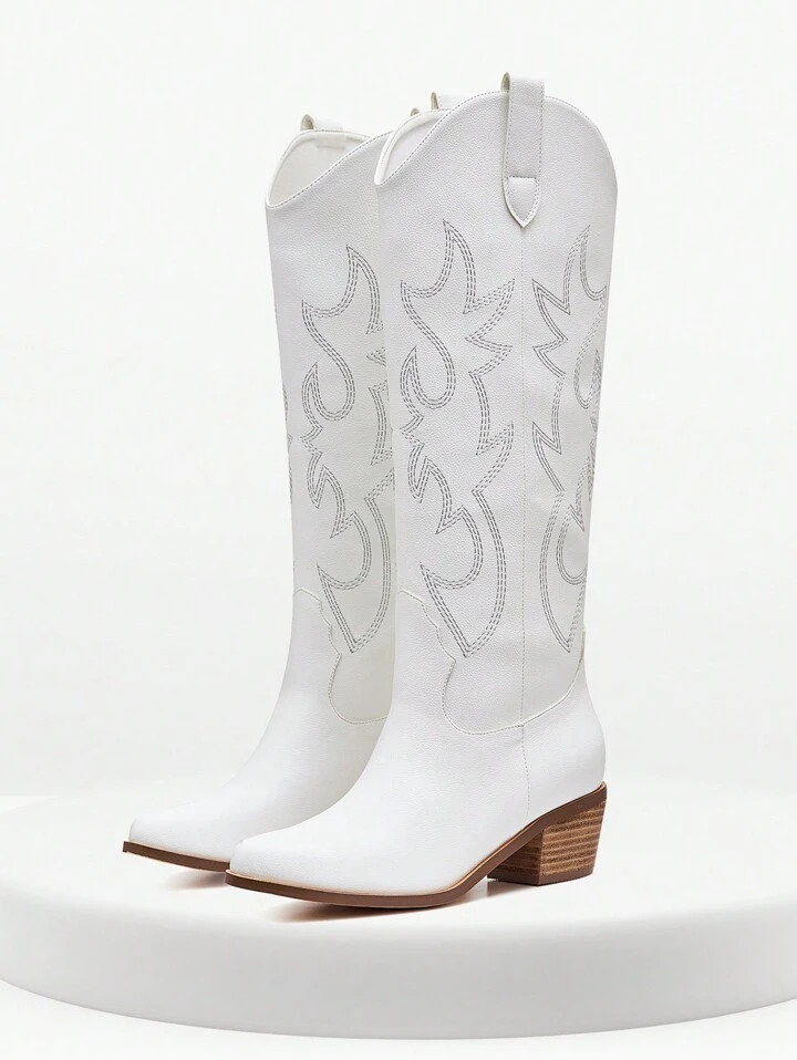 Womens Fashionabl Western Boots Embroidered Knee Hugh Boot Wide Calf Pointed Toe  | SHEIN