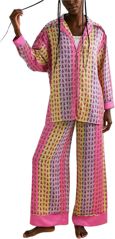 Women Satin Pajama Set Floral Silk Pajamas 2 Piece Lounge Sets Button Down Shirts Wide Leg Pants ... | Amazon (US)