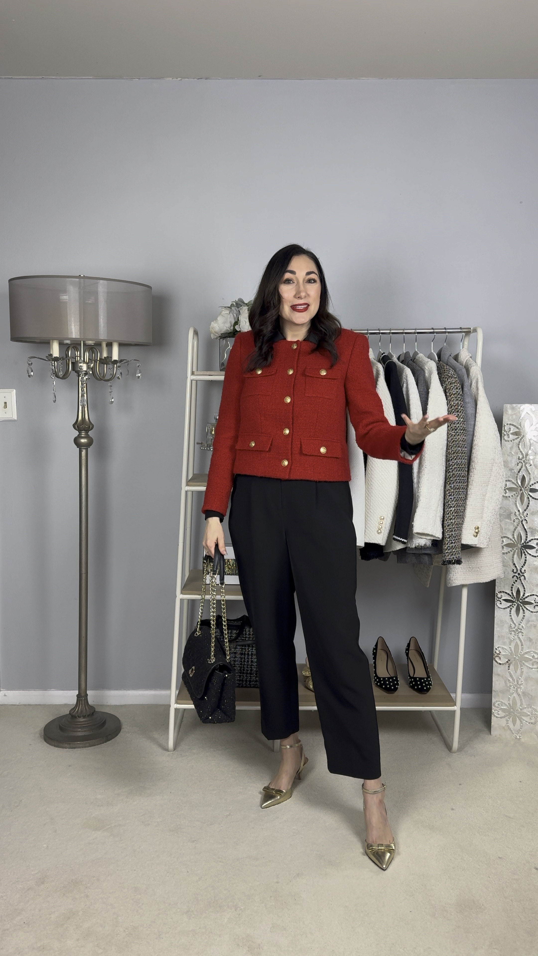 Merry Christmas Eve! Here is my holiday outfit of the day ❤️🖤

Red tweed jacket size 4, TTS
Black collared top size small, TTS
Black pants size 4, slightly big 
Gold ankle strap heels size 7, TTS

Holiday outfit 
Christmas outfit 
Work outfit 
Classic outfit 

#LTKShoeCrush #LTKHoliday #LTKSaleAlert