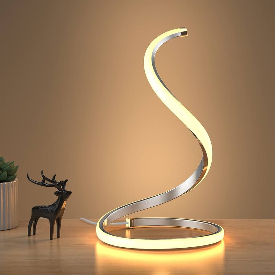 NUÜR Spiral Modern Bedside Lamp (Silver), Stepless Dimmable, 3 Color Temperature, Curved Art Dec... | Amazon (US)