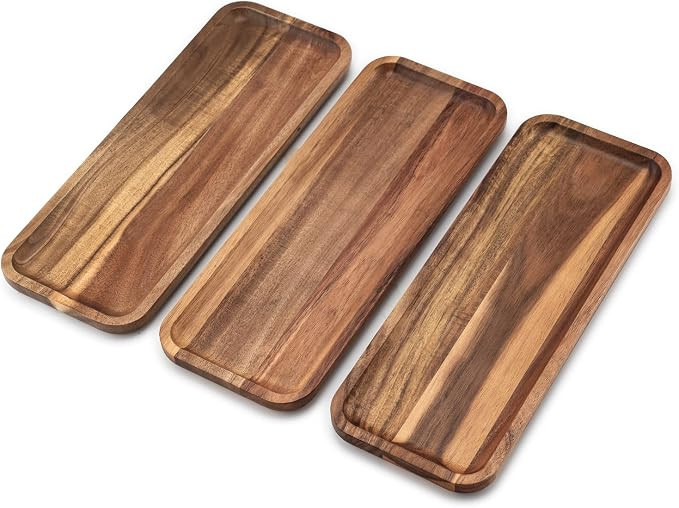 Solid Acacia Wood Serving Trays Set of 3(14.5 x 5.5 inches) Rectangular Wooden Serving Platters f... | Amazon (UK)