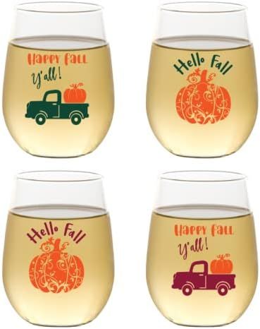 Set of 4 HOLIDAY DESIGN Shatterproof 16 oz Plastic Stemless Wine Glasses (HAPPY FALL Y'ALL) | Amazon (US)