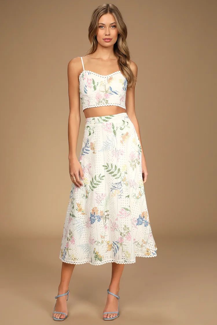 Sweet At Heart White Floral Embroidered Two-Piece Midi Dress | Lulus