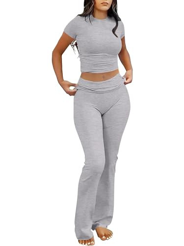 ANRABESS Lounge Sets for Women 2 Piece Foldover Yoga Flare Leggings Pants Crop Tops Casual Y2K Outfits Matching Tracksuit Set Grey Grey Small | Amazon (US)
