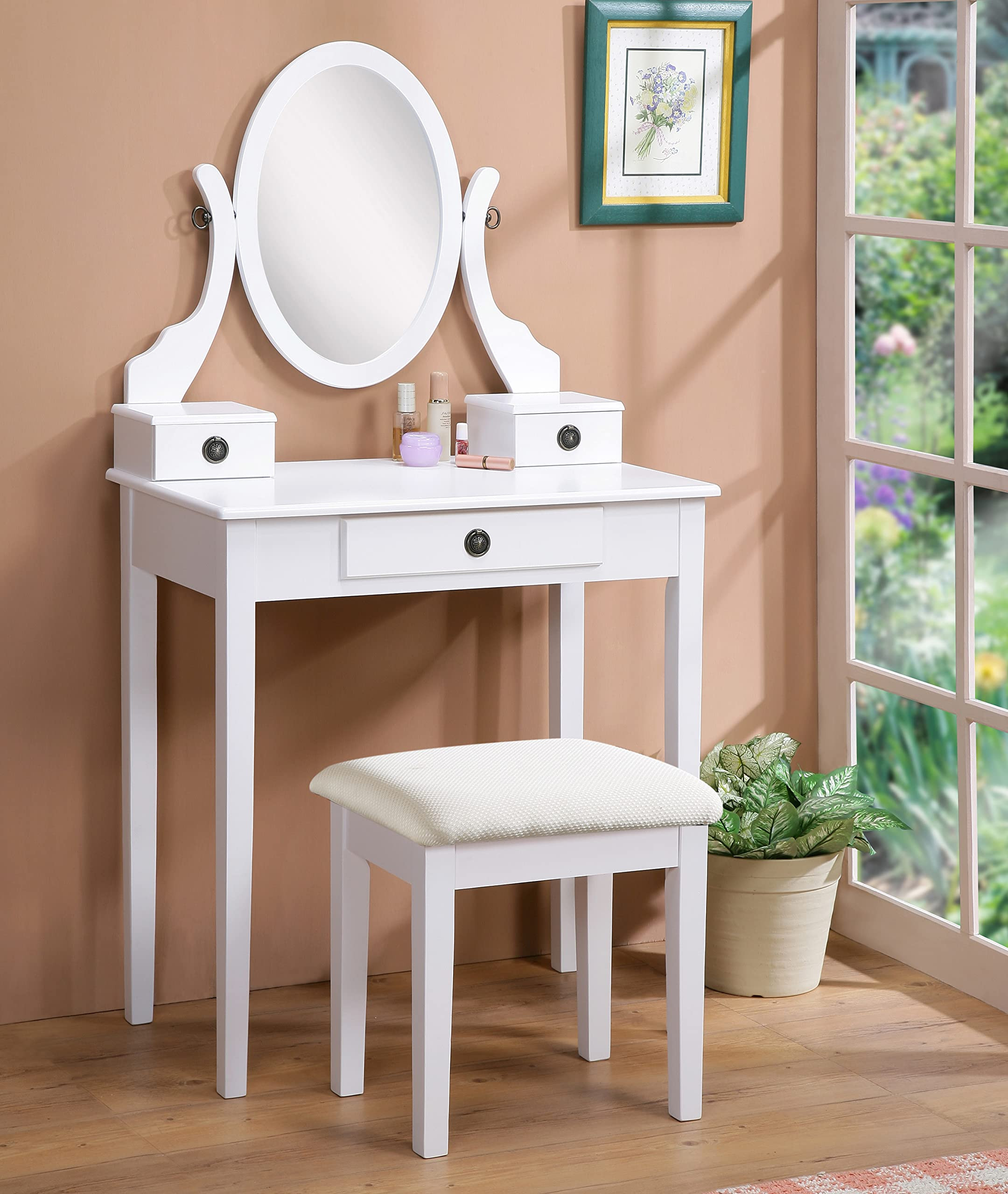 Roundhill Furniture Moniya Wood Makeup Vanity Table and Stool Set, White | Amazon (US)