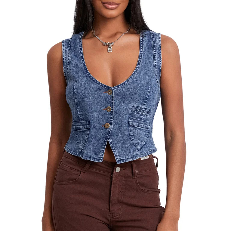 ASNOUIFU Women Denim Vest, Sleeveless V Neck Button Vest Outwear Gilet with Pockets for Casual St... | Walmart (US)