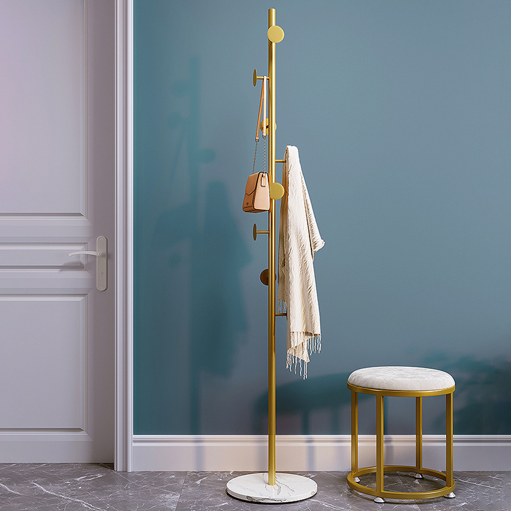 Coat Rack Brass Gold Round Hooks Entryway Freestanding Coat Hanger Marble Base | Homary