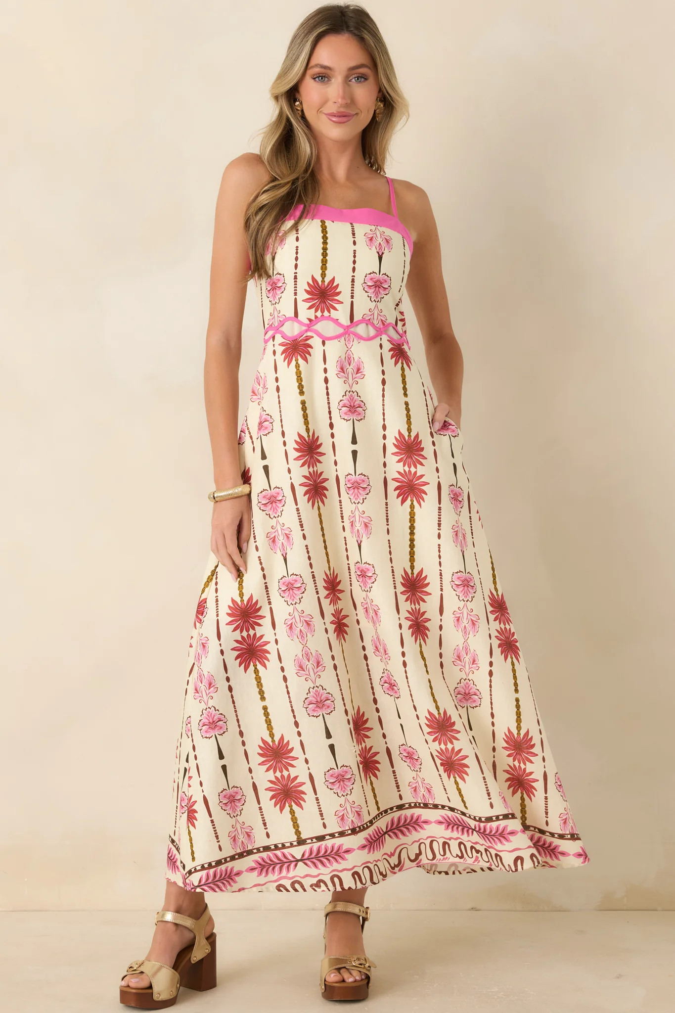 Palms & Prosecco Pink Floral Cotton Linen Maxi Dress - M / Pink | Red Dress