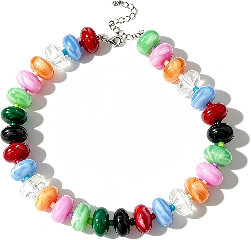 Beaded Necklace for Women Chunky Necklace Boho Bead Choker Acrylic Big Bead Necklaces Summer Beac... | Amazon (US)
