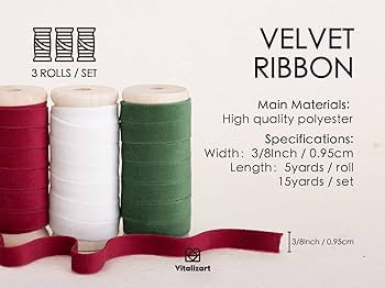 Vitalizart Christmas Velvet Ribbon Set 3/8"" x 15Yd Wooden Spool Fabric Trim Eco-Friendly 3 Rolls... | Amazon (US)