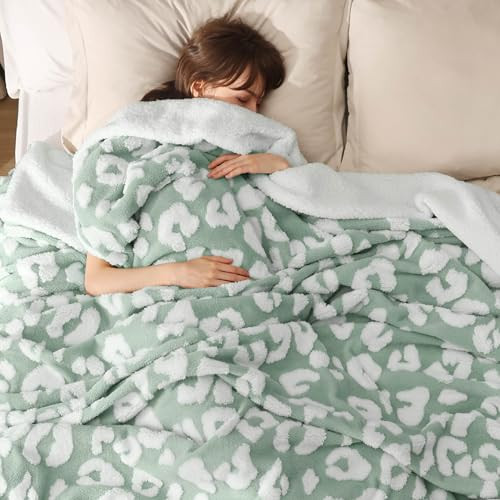Bedsure Thick and Warm Sherpa Blanket for Winter, Cheetah Print Throw Blanket for Couch, Fuzzy Plush Cute Leopard Print Blanket for Women, Sage Green, 50x60 Inches | Amazon (US)