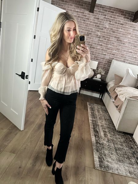 Sharing another look for Valentine's Day! This shirt arrives before the day and is so flattering! Womens top. Shirts. Womens looks. Black jeans  

#LTKunder50 #LTKFind #LTKstyletip
