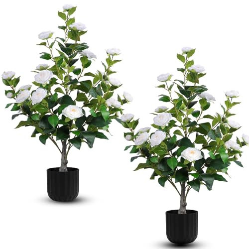Hananona 2 Pcs Artificial Camellia Trees Faux Camellia Plant in Pot with Flowers Indoor Plants for Spring Home Decor Outdoor Porch Front Door Decor (White, M) | Amazon (US)