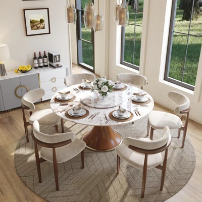 Jessely Farmhouse Glossy Sintered Stone Round Dining Table With Lazy Susan For 6-8 with Wood Pedestal Base | Wayfair North America