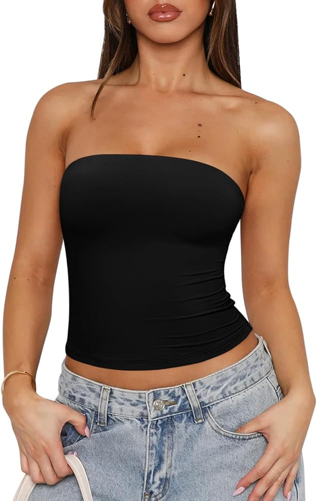 REORIA Women's Y2K Strapless Backless Tube Top Double Lined Sleeveless Crop Tank Top for Summer 2... | Amazon (US)