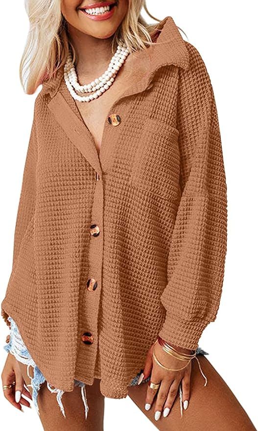 AUTOMET Womens Shackets Waffle Knit Casual Jackets Button Down Flannel Shirts Trendy Tops Fall Cl... | Amazon (US)
