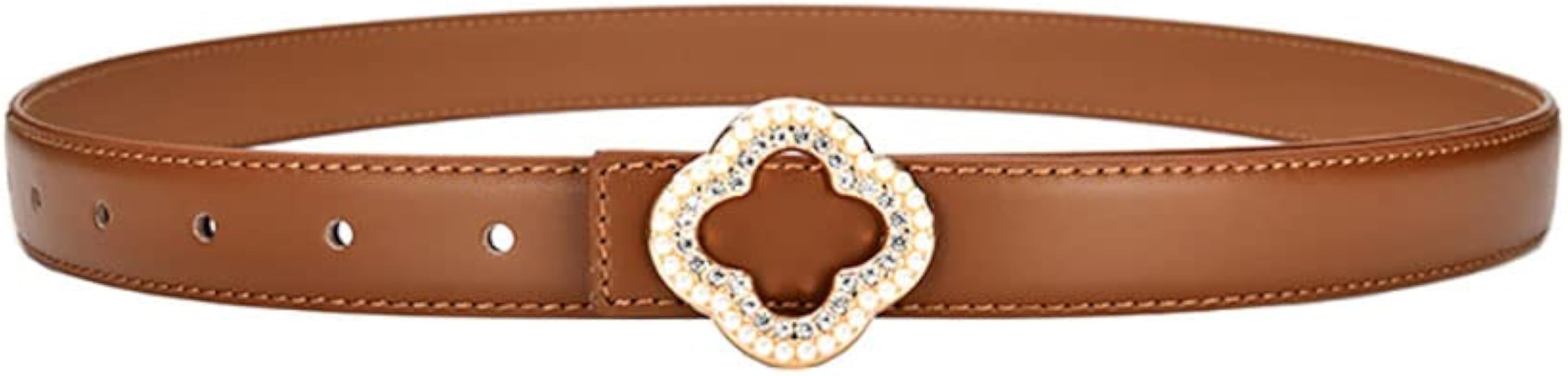 Women's Crystal Decoration Four Leaf Clover Buckle Design Leather Belt, Womens Belts for Dress | Amazon (US)