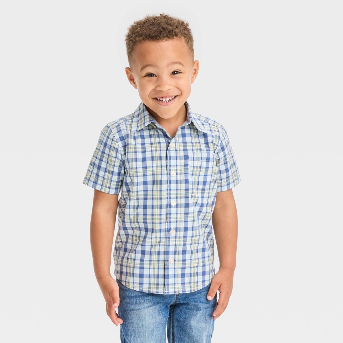OshKosh B'gosh Toddler Boys' Short Sleeve Plaid Woven Button-Down Shirt - Light Blue | Target