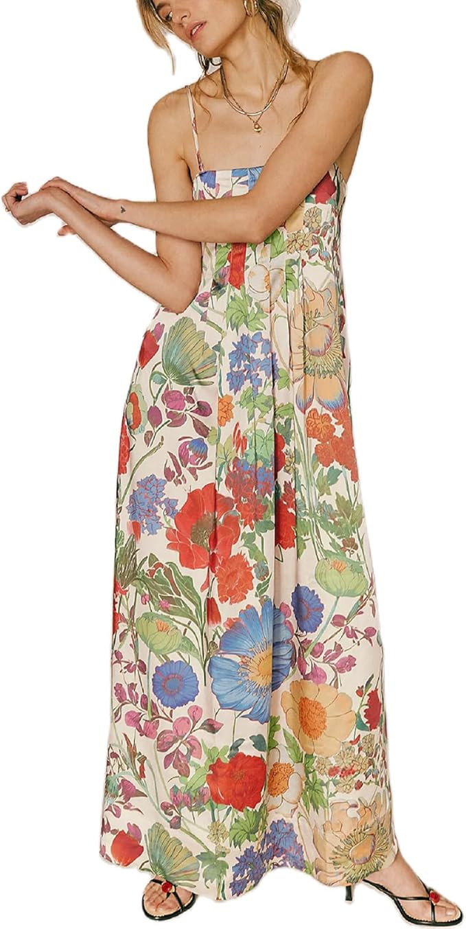 Amiblvowa Women Floral Maxi Dress Sexy Sleeveless Backless A-Line Long Flowy Dress Back Cut Out S... | Amazon (US)