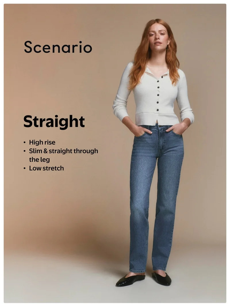 Scenario Women's and Women's Plus High Rise Straight Leg Let Down Hem Jeans, 29" Inseam, Sizes 0-... | Walmart (US)
