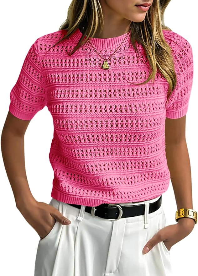 Saodimallsu Womens Short Sleeve Crochet Sweaters Crew Neck Loose Casual Knit Summer Boho Pullover... | Amazon (US)
