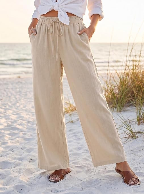 Womens Linen Wide Leg Palazzo Pants High Waisted Drawstring with Pockets | High Waisted, Elastic ... | Amazon (US)