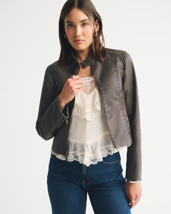 Slim Vegan Leather Mockneck Jacket | Abercrombie & Fitch (US)