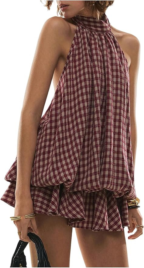 SOLY HUX Women's Plaid Halter Mini Dress Ruffle Bubble Hem Going Out Dress | Amazon (US)